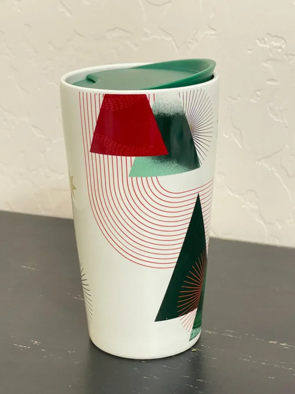 Starbucks Cup Mug with Lid Christmas Trees Stars Holiday Ceramic Tall 12 oz